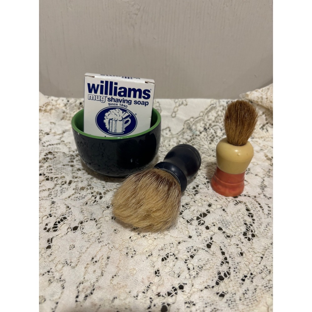 Vintage Shaving Set Williams Mug Soap Liquid Logic Bowl 2 Shaving Brushes
